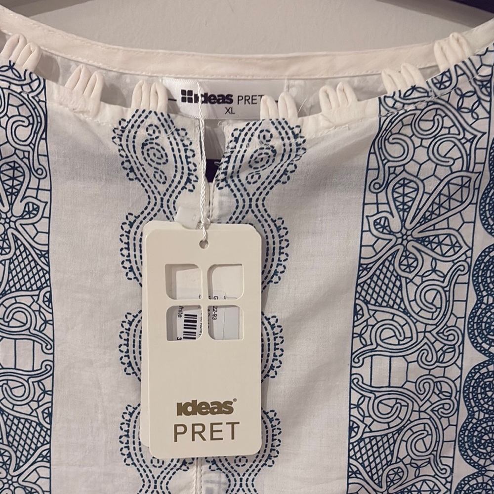 New with tags fancy Pakistani Indian White and Blue Patterned Kurta XL - Picture 3 of 6